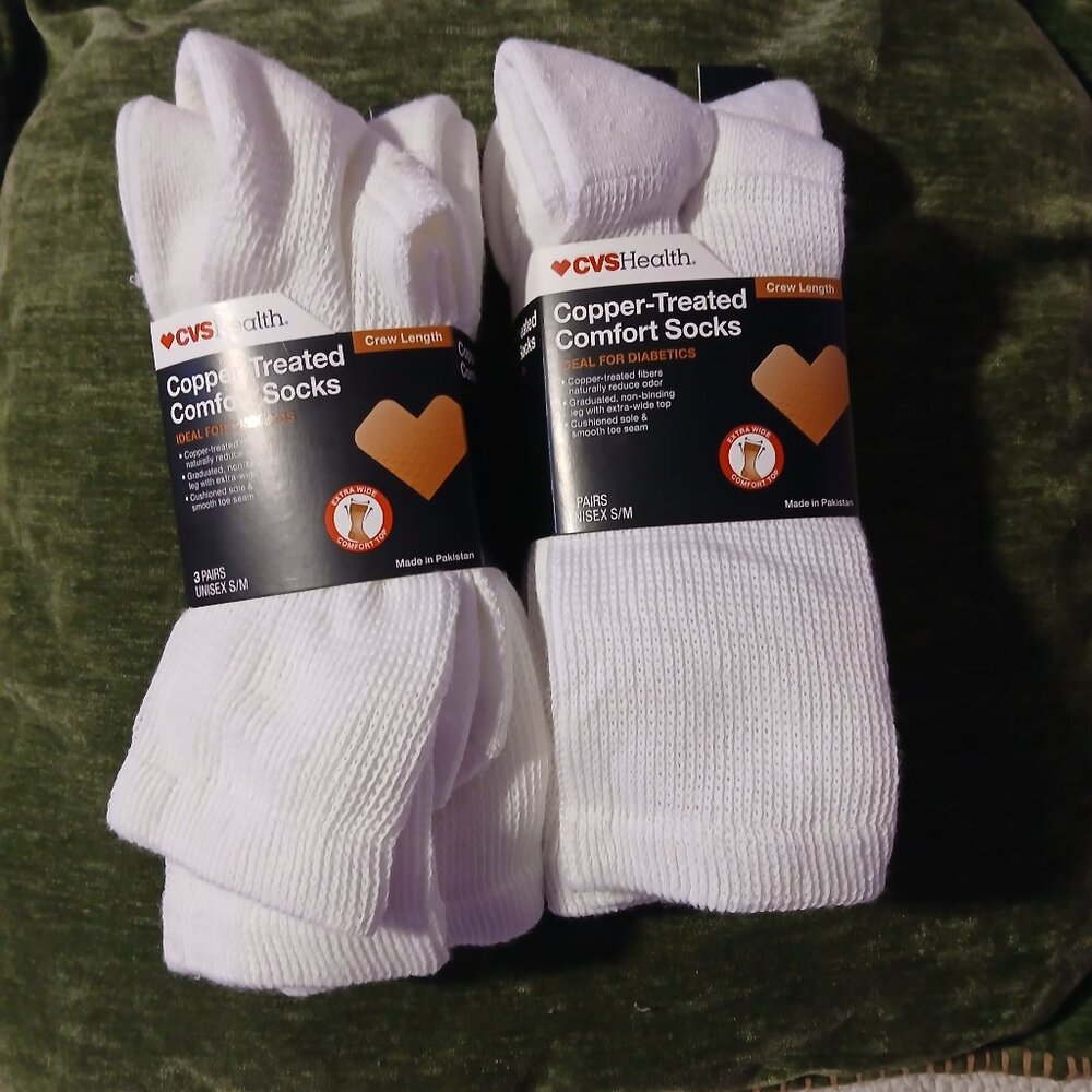 CVS  Copper Treated Comfort Socks White Two 3 Packs New